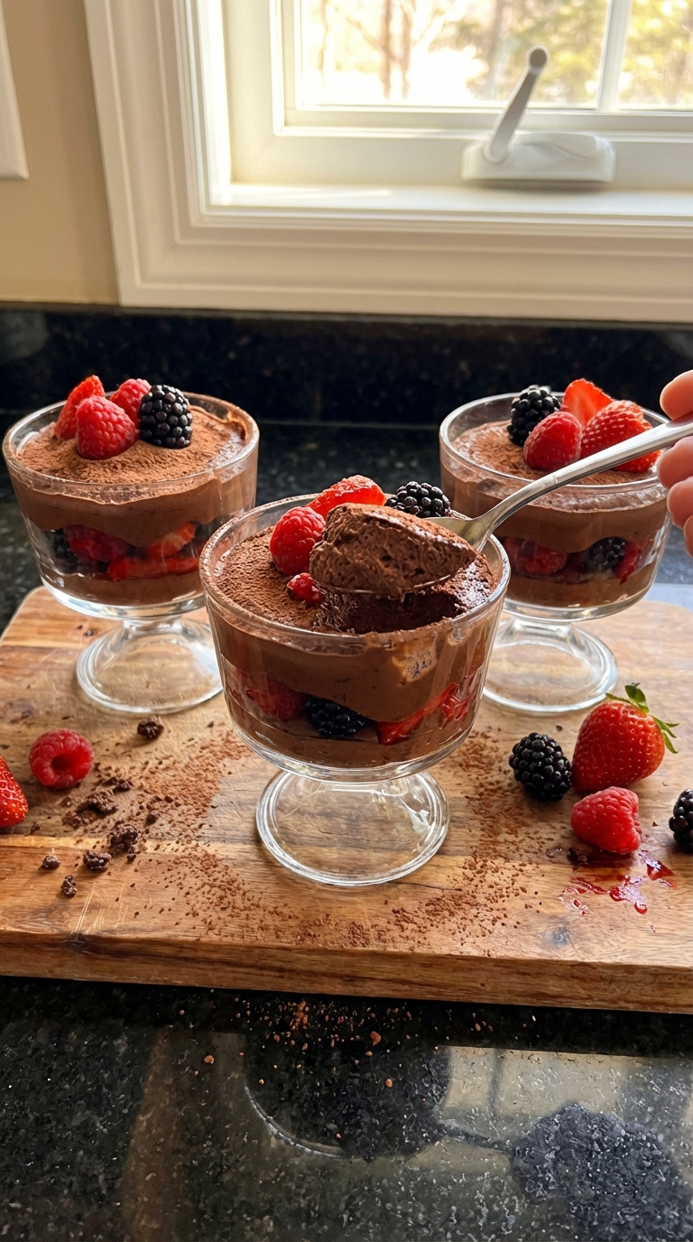 Coupes chocolat cacao et fruits rouges