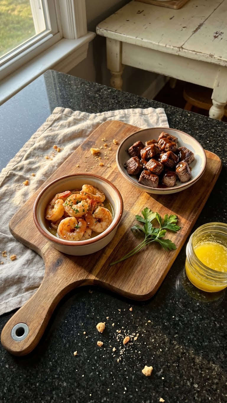 Scampi de Crevettes et Bouchées de Steak