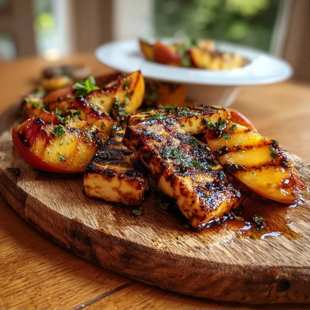 Halloumi grillé pêches rôties