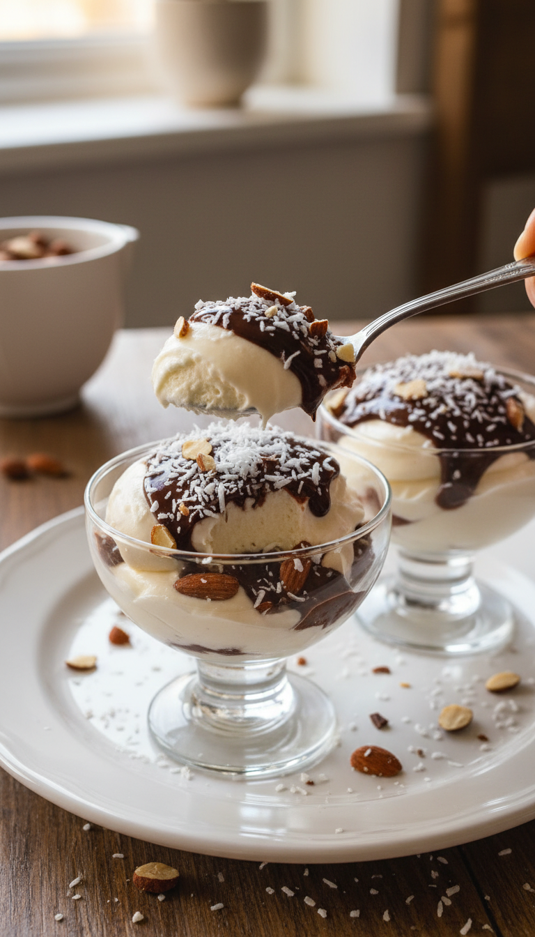 Coupes de yaourt glacé façon Almond Joy