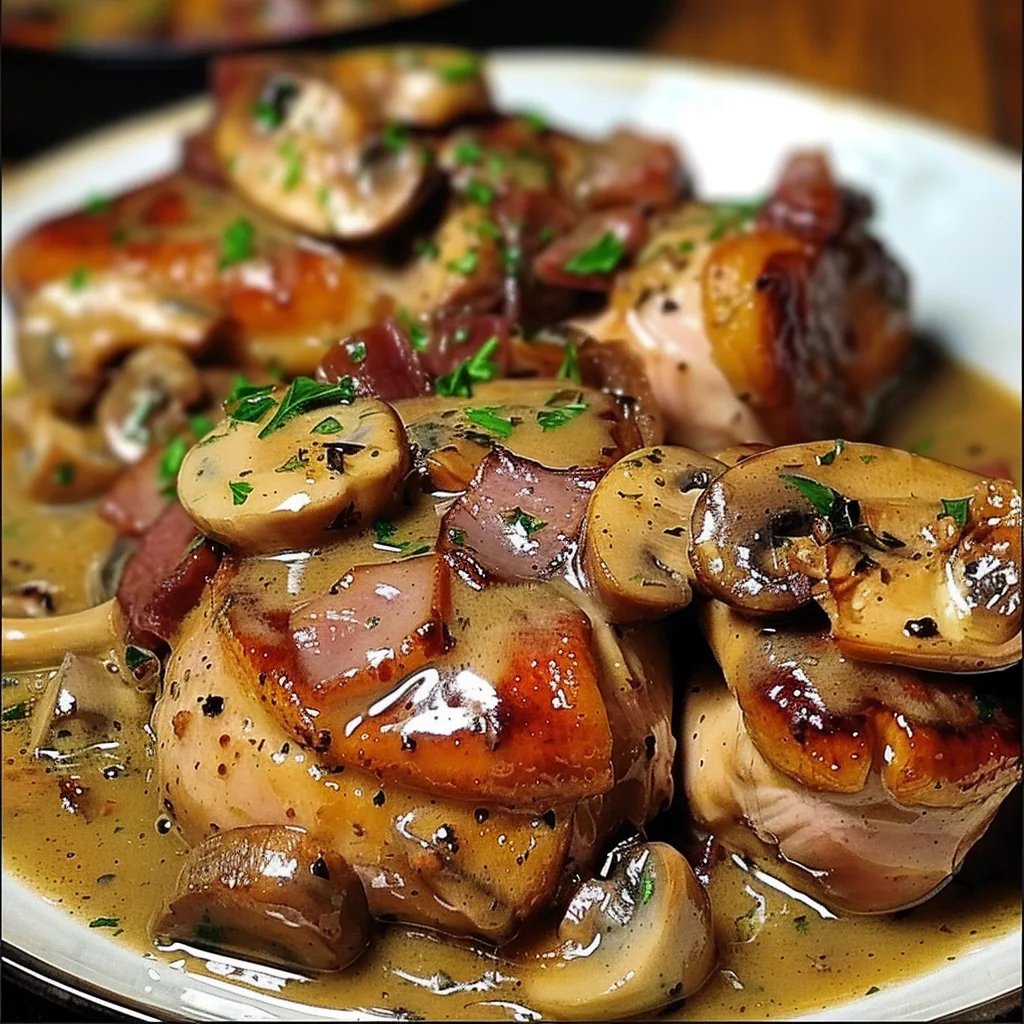 Émincés de poulet moutarde lardons champignons