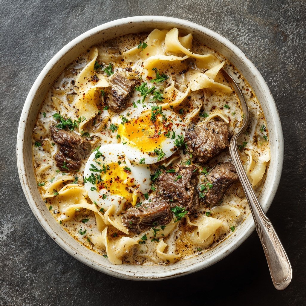 Soupe stroganoff bœuf nouilles œufs