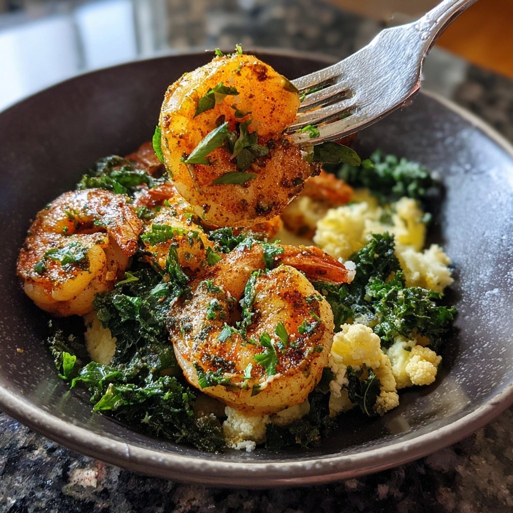 Crevettes épicées purée chou-fleur chou frisé